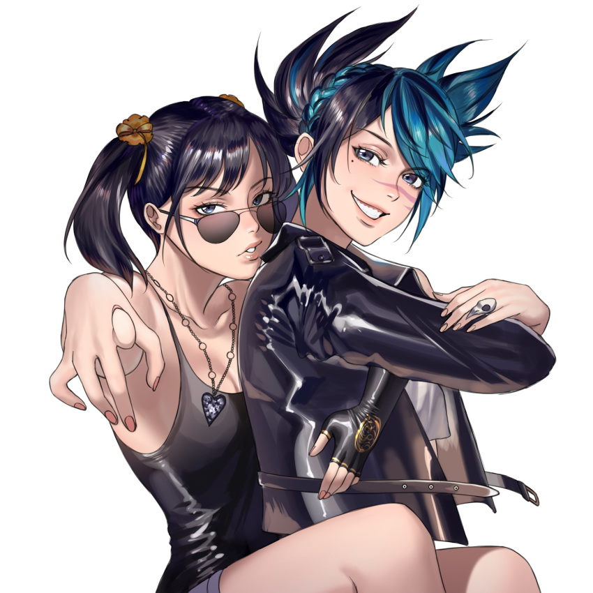 2girls aviator_sunglasses bandai_namco bangs black_gloves black_hair blue_eyes blue_hair braid breasts commentary commission company_connection crown_braid english_commentary eyebrows_visible_through_hair facial_scar fingerless_gloves fingernails gloves grin hair_ornament hair_scrunchie hanny_(uirusu_chan) heart heart_necklace highres hug hug_from_behind jacket jewelry leather leather_jacket ling_xiaoyu lips looking_at_viewer mole mole_under_eye multicolored_hair multiple_girls necklace nose_scar pointing pointing_at_viewer ring scar scrunchie short_twintails shorts single_fingerless_glove skull_ring small_breasts smile soulcalibur soulcalibur_vi sunglasses swept_bangs tank_top teeth tekken time_paradox tira_(soulcalibur) twintails two-tone_hair white_background yuri