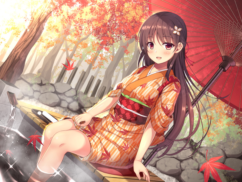 blush brown_hair japanese_clothes long_hair original utsurogi_akira water yukata