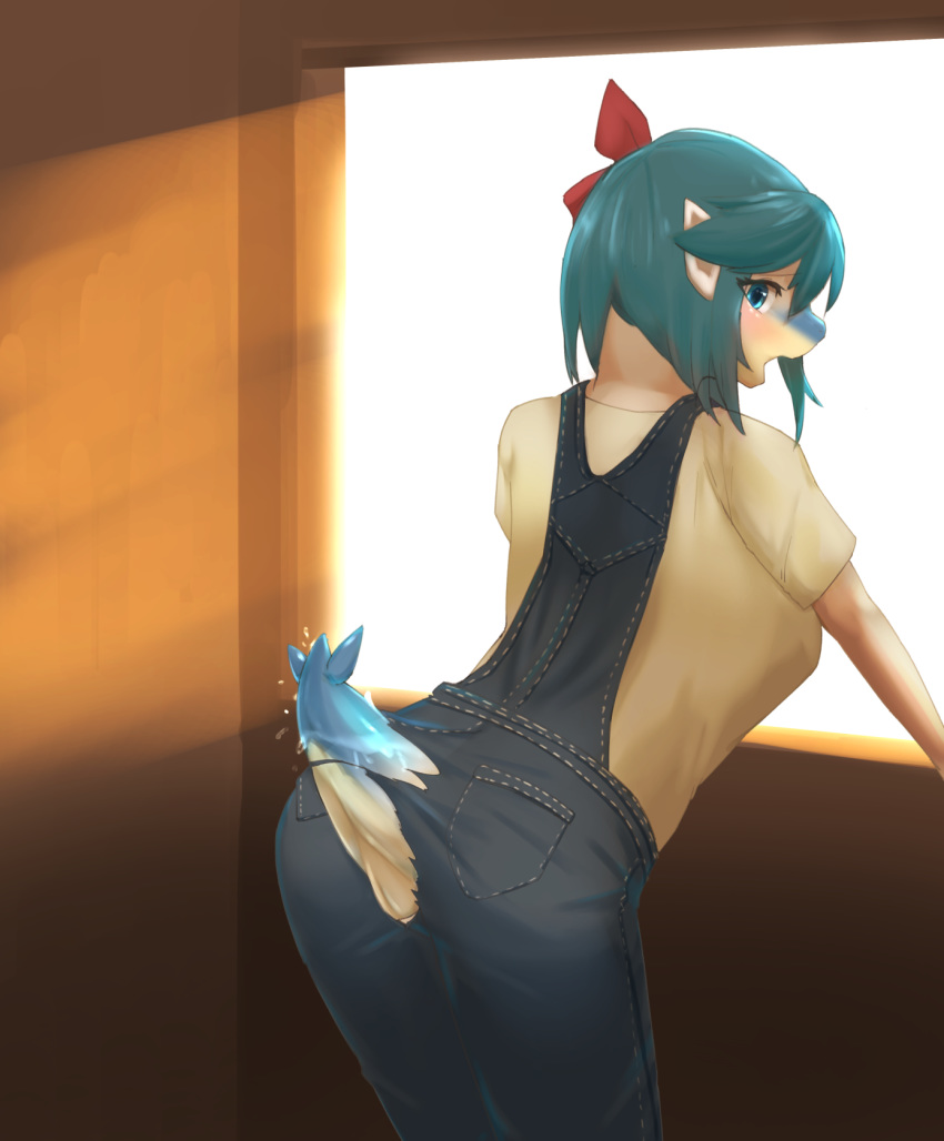 2020 anthro blue_eyes butt cetacean clothing female genitals green_hair growth hair hi_res leaning leaning_forward looking_at_viewer mammal marine open_mouth pussy raaggu solo tail_growth torn_clothing transformation window