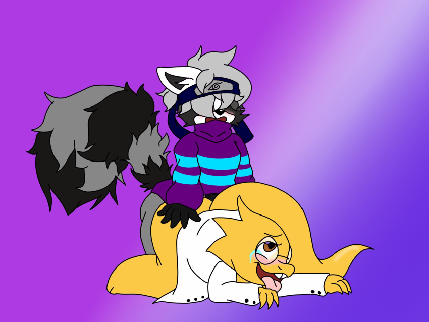 4:3 accessory ahegao all_fours alphys ambiguous_penetration anthro big_butt big_tail black_body black_fur blush bodily_fluids bottomless brown_eyes buckteeth butt claws clothed clothing coat doggystyle eye_roll eyewear female female_penetrated from_behind_position fur glasses gradient_background grey_body grey_fur grey_hair hair hair_over_eyes hand_on_butt headband hi_res lab_coat lizard looking_pleasured male male/female male_penetrating male_penetrating_female naruto obscured_eyes open_mouth open_smile pattern_clothing pattern_sweater pattern_topwear penetration reptile scales scalie sex simple_background smile striped_clothing striped_sweater striped_topwear stripes sweater tears teeth thick_tail tongue tongue_out topwear undertale video_games weebusracoonus white_body white_fur wide_hips yellow_body yellow_scales