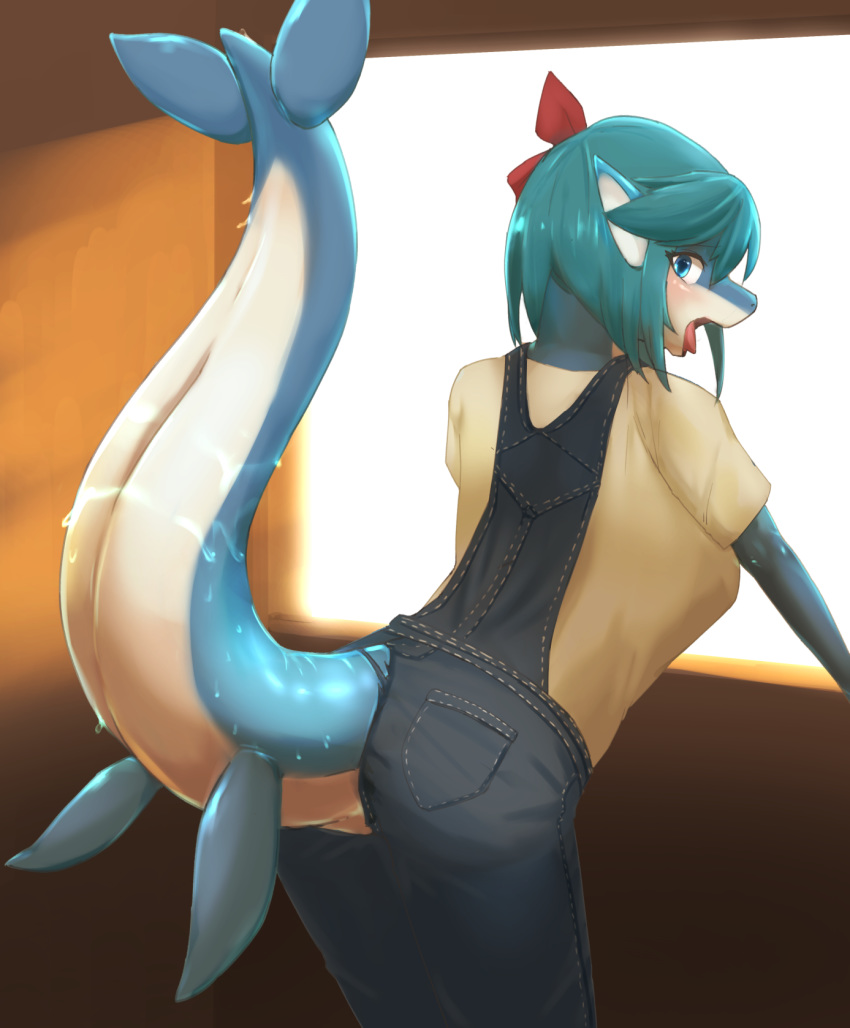 2020 after_transformation anthro blue_eyes butt cetacean clothing female green_hair hair hi_res leaning leaning_forward looking_at_viewer mammal marine open_mouth raaggu solo torn_clothing window