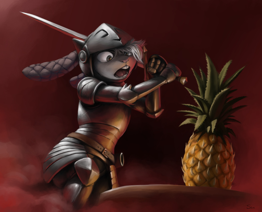 2020 anthro armor belt buckteeth food fruit fur grey_body grey_fur headgear helmet hi_res holding_object holding_sword holding_weapon lagomorph landylyn_(yitexity) leporid male mammal melee_weapon open_mouth pineapple plant plate_armor rabbit red_background s1m simple_background solo sword teeth weapon
