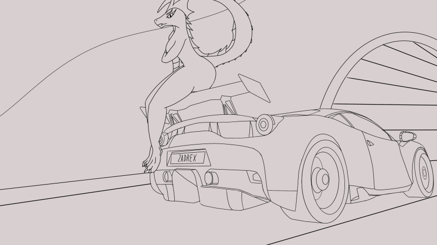 16:9 4k absurd_res anthro big_breasts breasts car covering covering_breasts female hi_res line_art looking_at_viewer non-mammal_breasts nude reptile road scalie simple_background sitting smile solo teeth vehicle widescreen zadrex