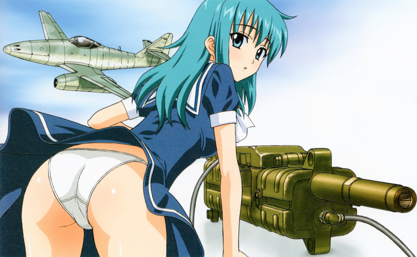 1girl absurdres aiming aircraft airplane aqua_hair artbook ass blue_dress blue_eyes blue_sky cannon cloud cloudy_sky dress gun highres leaning_forward long_hair me_262 mk_108_cannon original panties parted_lips sailor_collar sailor_dress scan shadow short_sleeves skirt sky solo underwear weapon white_panties white_sailor_collar wind yamauchi_noriyasu