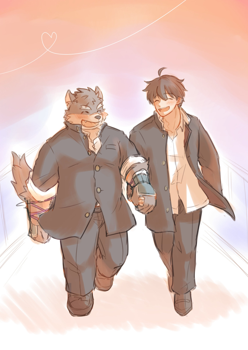 absurd_res anthro blush canid canine canis clothing domestic_dog duo hand_holding hi_res human human_on_anthro interspecies male male/male mammal moritaka scar school_uniform slightly_chubby tokyo_afterschool_summoners trom1030bone twink_protagonist_(tas) uniform video_games