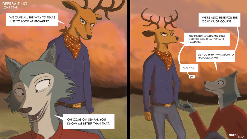 16:9 2020 anthro antlers aureldrawsstuff beastars belt bottomwear brown_body brown_fur canid canine canis cervid clothed clothing comic dialogue duo english_text fully_clothed fur grey_body grey_fur hi_res horn humor legoshi_(beastars) louis_(beastars) male mammal outside pants profanity shirt speech_bubble standing text topwear widescreen wolf