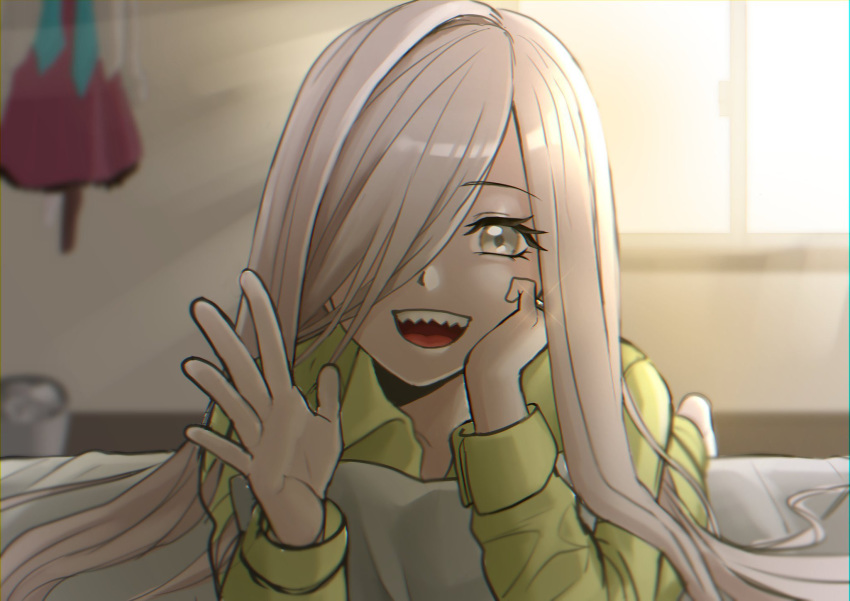 1girl ahoge alternate_hairstyle asashimo_(kantai_collection) bed grey_eyes hair_over_one_eye highres kantai_collection long_hair looking_at_viewer lying on_stomach open_mouth pajamas pillow saga_(saga_kancolle) sharp_teeth silver_hair smile solo teeth