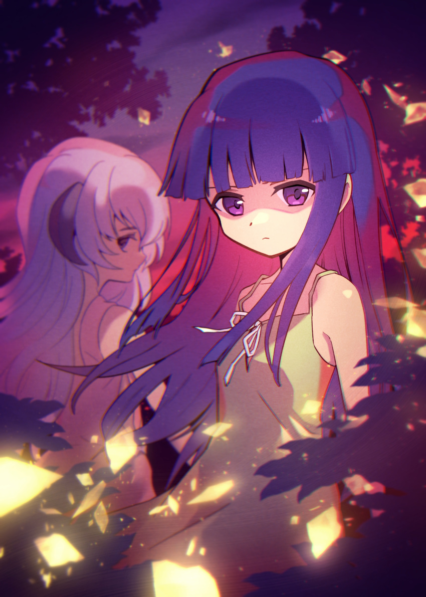 2girls abiko_yuuji bangs bare_shoulders blue_hair closed_mouth dress frown furude_rika hanyuu highres higurashi_no_naku_koro_ni horns long_hair looking_at_viewer multiple_girls purple_eyes purple_hair ribbon sidelocks straight_hair white_ribbon yellow_dress