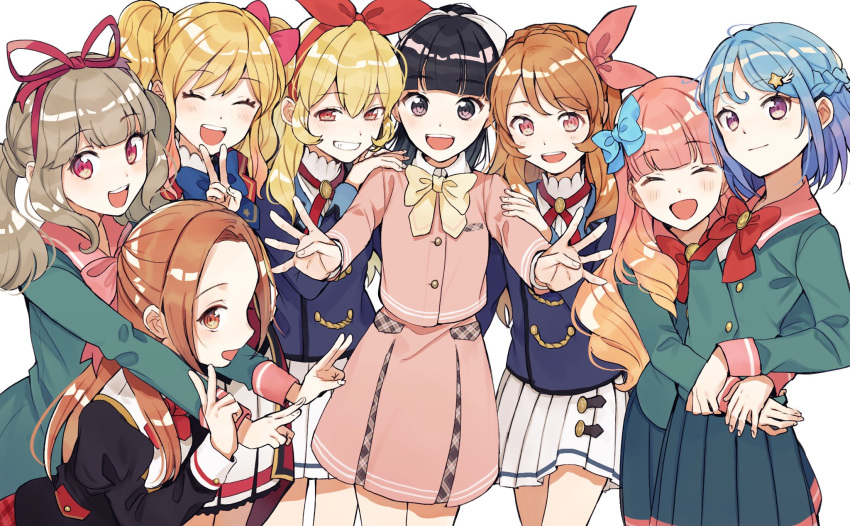 6+girls aikatsu!_(series) black_hair blonde_hair blue_bow blue_hair blue_skirt bow brown_eyes brown_hair character_request closed_eyes eyebrows_visible_through_hair green_hair hair_ornament highres hoshimiya_ichigo kurodeko long_hair looking_at_viewer minato_mio multicolored_hair multiple_girls open_mouth pink_shirt pink_skirt purple_eyes shirt short_hair simple_background skirt star_(symbol) star_hair_ornament tagme twintails two-tone_hair upper_teeth white_background white_skirt