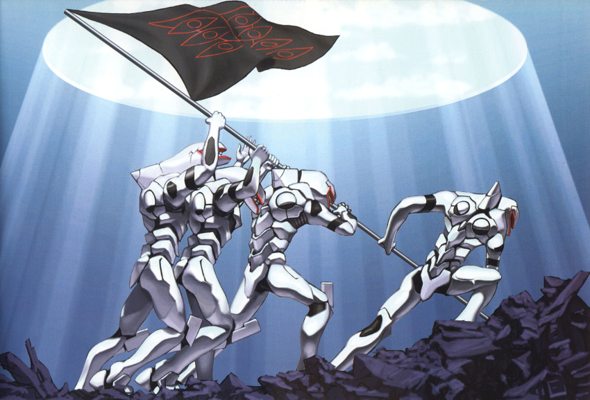 absurdres artbook flag gainax highres holding holding_flag iwo_jima mass_production_eva mecha neon_genesis_evangelion no_humans non-web_source official_art sadamoto_yoshiyuki scan scan_artifacts seele