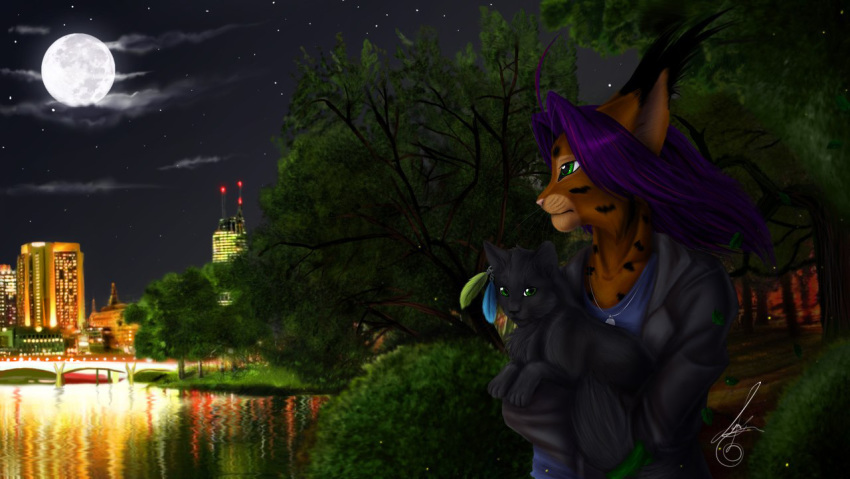 2014 anthro breasts clothed clothing digital_media_(artwork) duo felid feline female feral green_eyes hair lynjox lynx lynxyjones mammal moon night outside purple_hair sky star starry_sky water