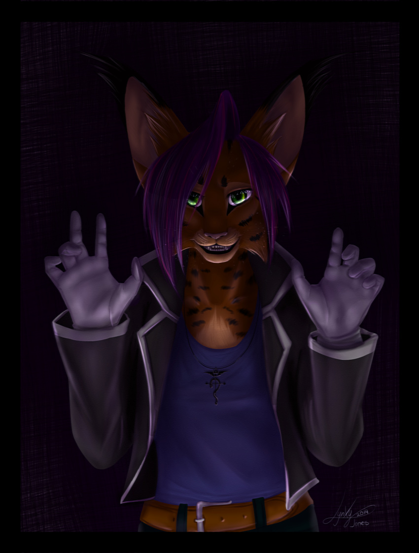 2014 5_fingers ambiguous_gender anthro black_body black_fur digital_media_(artwork) felid feline fingers fur green_eyes hair hi_res lynjox lynx lynxyjones mammal purple_hair smile solo