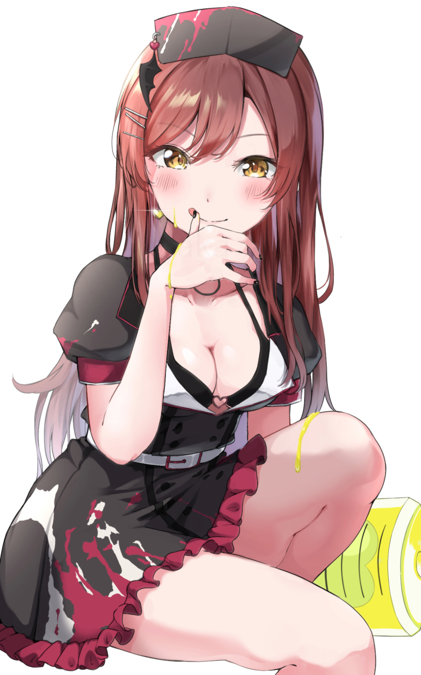 1girl bangs black_bra black_dress black_headwear black_nails bra breasts brown_hair cleavage collarbone commentary_request dress eyebrows_visible_through_hair feet_out_of_frame finger_licking frilled_dress frills hair_between_eyes hair_ornament hairclip hand_up hat heart highres idolmaster idolmaster_shiny_colors knee_up large_syringe licking long_hair looking_at_viewer medium_breasts nail_polish nurse nurse_cap oosaki_amana oversized_object puffy_short_sleeves puffy_sleeves shaka_(staito0515) short_sleeves simple_background solo syringe underwear very_long_hair white_background yellow_eyes