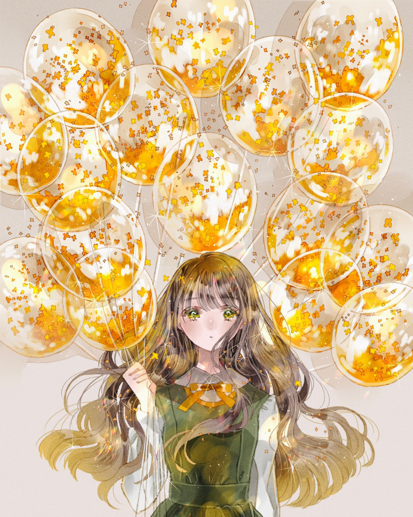 1girl balloon bangs black_hair bow bowtie collared_shirt dress eyebrows_visible_through_hair green_eyes grey_background highres long_hair long_sleeves original pinafore_dress sakuraba_nao shirt solo upper_body wavy_hair white_shirt yellow_bow yellow_neckwear