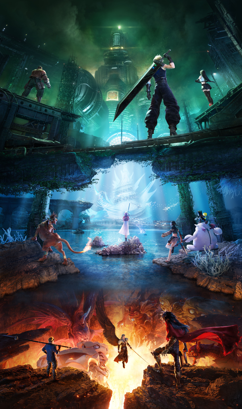 3girls 6+boys absurdres aerith_gainsborough arm_cannon barret_wallace black_wings buster_sword cait_sith's_moogle cait_sith_(ff7) cape cid_highwind cloud_strife diamond_weapon embers emerald_weapon feathered_wings final_fantasy final_fantasy_vii final_fantasy_vii_rebirth final_fantasy_vii_remake final_fantasy_vii_revelation floating from_behind gatling_gun gun handgun highres holding holding_gun holding_megaphone holding_shuriken holding_staff holding_sword holding_weapon incredibly_absurdres key_visual mage_staff masamune_(ff7) megaphone monster multiple_boys multiple_girls night official_art over_shoulder polearm promotional_art red_xiii ruby_weapon ruins sapphire_weapon sephiroth shuriken single_wing spear spiked_hair staff standing sword tifa_lockhart tower ultima_weapon vincent_valentine water weapon weapon_over_shoulder wings yuffie_kisaragi