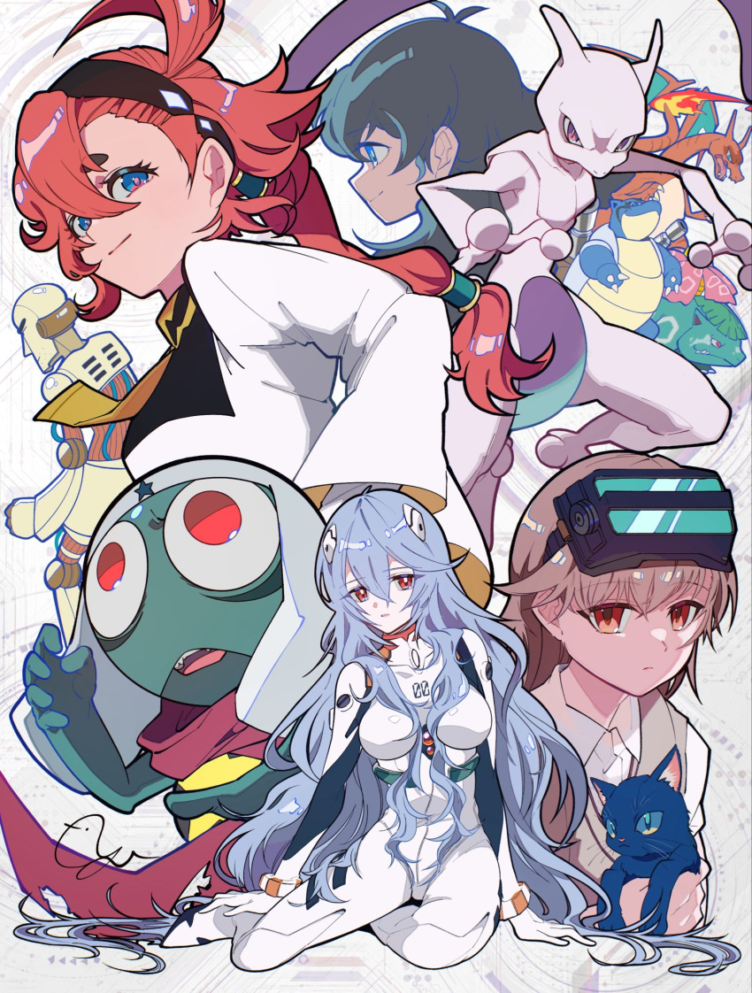 absurdly_long_hair alternate_hair_length_(longer) animal annotation_request asticassia_school_uniform ayanami_rei black_eyes black_hair black_hairband blastoise blue_cat blue_eyes blue_hair body_markings bodysuit breasts brown_hair brown_sweater_vest brown_vest bulbasaurtwo cannon cat character_request charizard charmandertwo closed_mouth commentary copyright_request crayon_shin-chan crayon_shin-chan:_gachinko!_gyakushuu_no_robo_toochan crossover dark_keroro evangelion:_3.0+1.0_thrice_upon_a_time expressionless facial_mark fire flower goggles goggles_on_head gundam gundam_suisei_no_majo hair_between_eyes hairband head-mounted_display head-mounted_display_lift highres holding holding_animal holding_cat humanoid_robot interface_headset_(evangelion) keroro_gunsou long_hair looking_at_viewer mecha_pilot_suit medium_breasts medium_hair mewtwo misaka_imouto misaka_imouto_10032's_cat multiple_girls neon_genesis_evangelion night_vision_device official_alternate_hairstyle ohyou_wake open_mouth parted_lips partially_annotated pink_flower plugsuit_(evangelion) pokemon pokemon:_the_first_movie_-_mewtwo_strikes_back pokemon_(anime) pokemon_(classic_anime) pokemon_(creature) ponytail purple_eyes rebuild_of_evangelion red_eyes red_hair red_scarf robo_to-chan robot scarf school_uniform shirt signature sitting smile squirtletwo suletta_mercury summer_uniform sweater_vest toaru_kagaku_no_railgun toaru_majutsu_no_index tokiwadai_school_uniform trait_connection venusaur very_long_hair vest white_bodysuit white_shirt yokozuwari