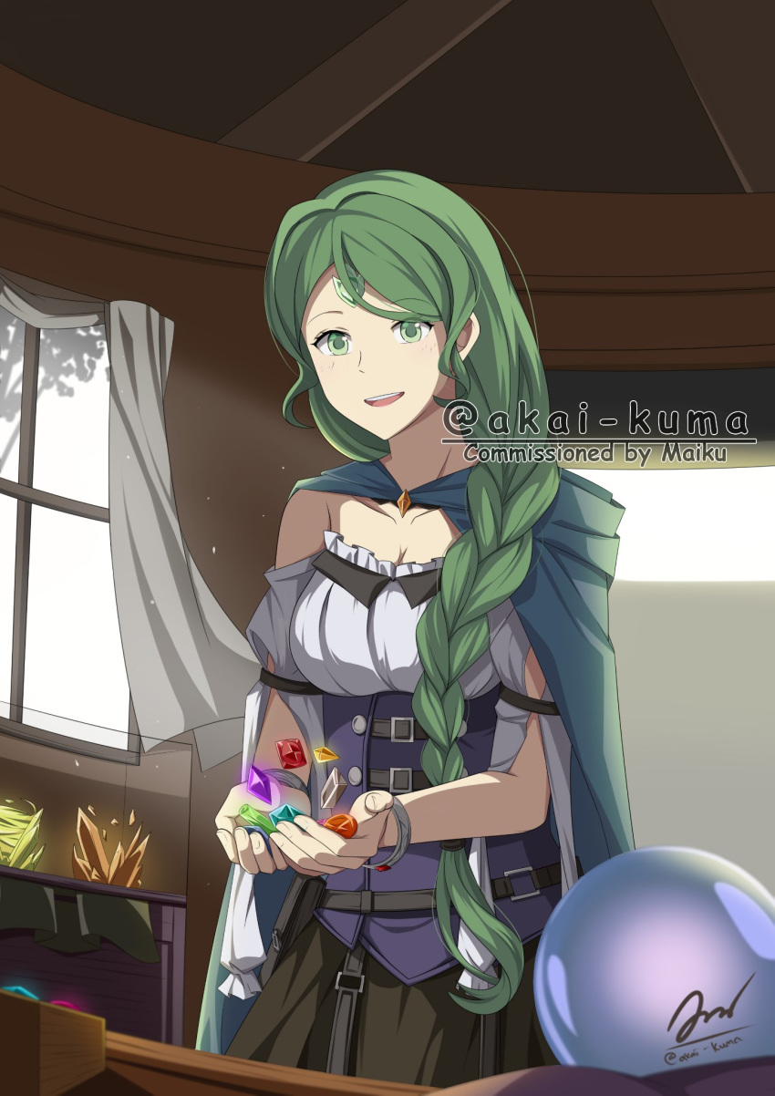 1girl aulia_hafiza bangle bracelet braid braided_ponytail cloak crystal gem green_eyes green_hair hands highres jewelry open_mouth smile solo standing tate_no_yuusha_no_nariagari therese_alexanderite window