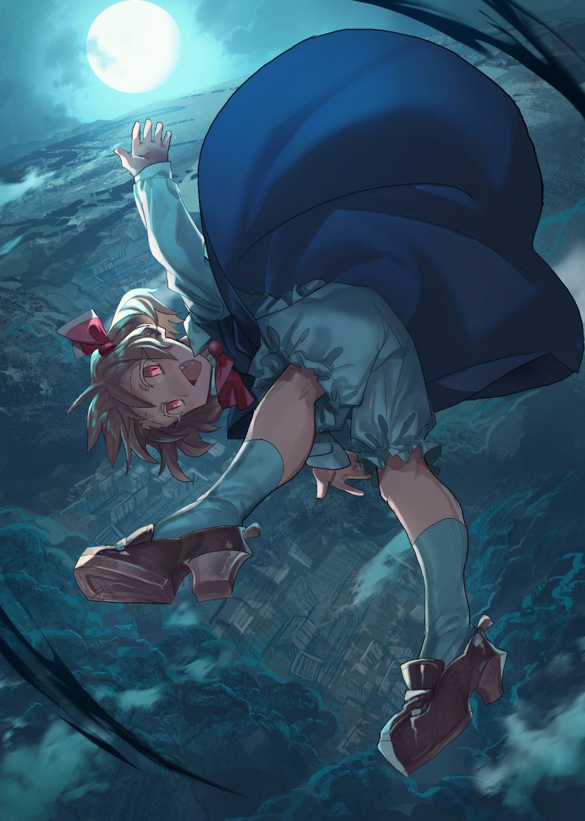 1girl :d above_clouds black_skirt blonde_hair bloomers brown_footwear cloud colored_eyelashes dutch_angle fang flying forest from_above from_behind full_body full_moon hair_ribbon highres horizon kneehighs looking_at_viewer mary_janes moon moonlight nature necktie night open_mouth outdoors red_neckwear red_ribbon ribbon rumia shichigatsu shoes short_hair skirt skirt_lift skirt_set slit_pupils smile solo touhou underskirt underwear village white_legwear