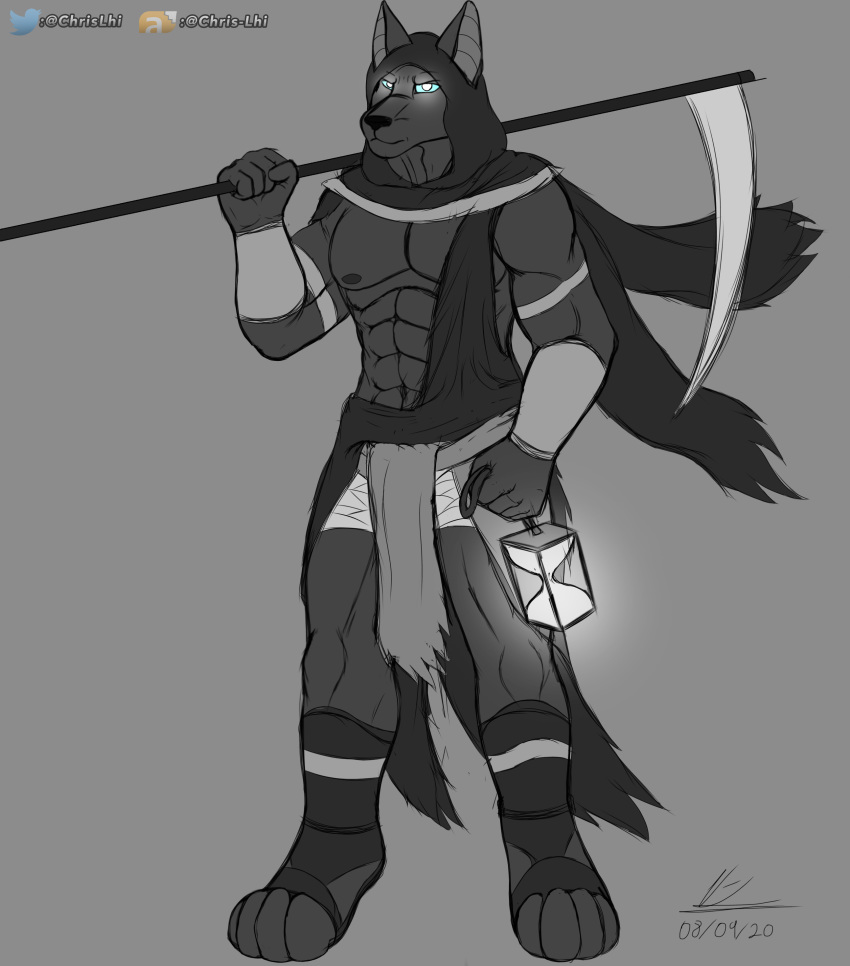 abs absurd_res ahlu anthro athletic athletic_anthro canid canine canis chrislhi clock clothed clothing domestic_dog egyptian egyptian_clothing egyptian_dog footwear glowing glowing_eyes hi_res looking_at_viewer male mammal melee_weapon muscular polearm robe sandals scythe solo weapon weapon_on_shoulder
