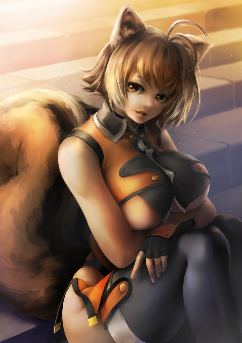 ahoge animal_humanoid big_breasts big_tail biped black_clothing black_legwear blazblue bottomwear breasts brown_body brown_eyes brown_fur brown_hair chabo_tatumi clothed clothing crop_top female fingerless_gloves fluffy fluffy_tail fully_clothed fur gloves hair handwear hi_res humanoid humanoid_hands legwear light light_skin lips looking_at_viewer makoto_nanaya mammal mammal_humanoid multicolored_tail rodent rodent_humanoid sciurid sciurid_humanoid shirt short_hair shorts sitting smile solo squirrel_humanoid stairs sunlight thigh_highs topwear under_boob video_games