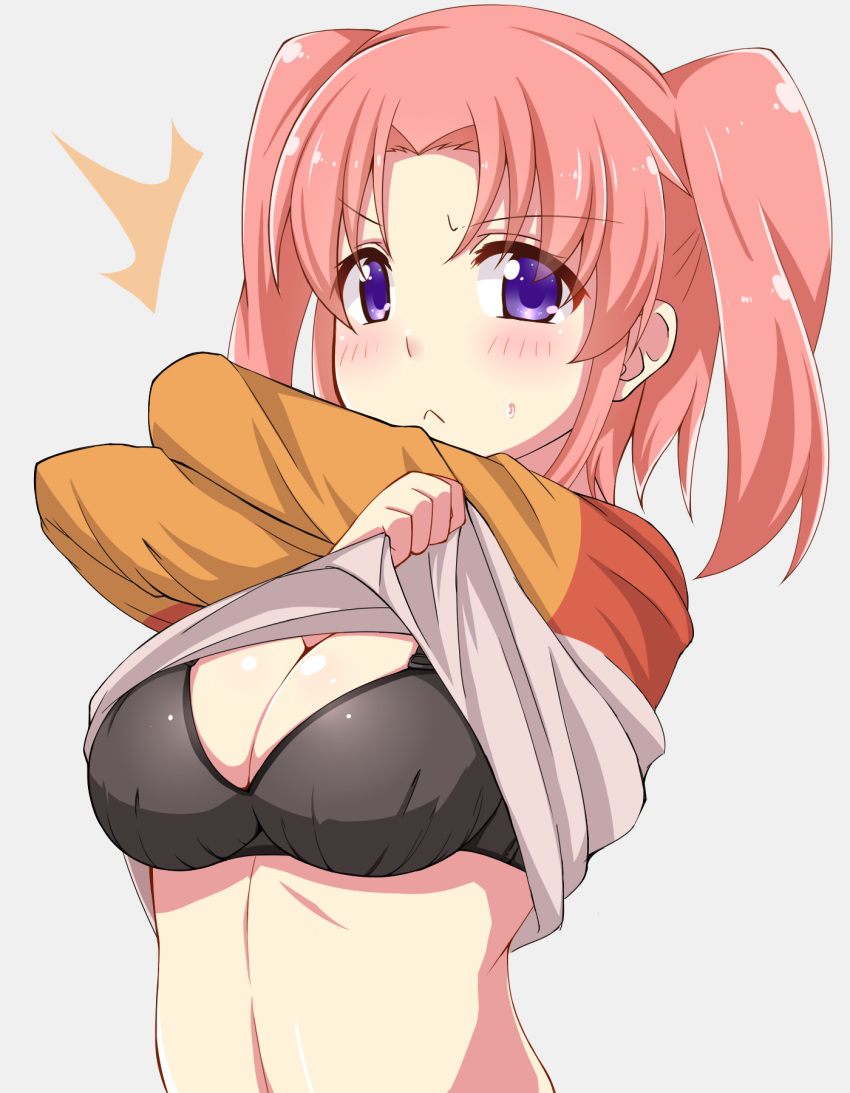/\/\/\ 1girl :&lt; black_bra bra breasts cleavage closed_mouth dou-t eyebrows_visible_through_hair grey_background highres large_breasts looking_at_viewer mikakunin_de_shinkoukei purple_eyes red_hair short_hair simple_background solo twintails underwear undressing upper_body yonomori_kobeni