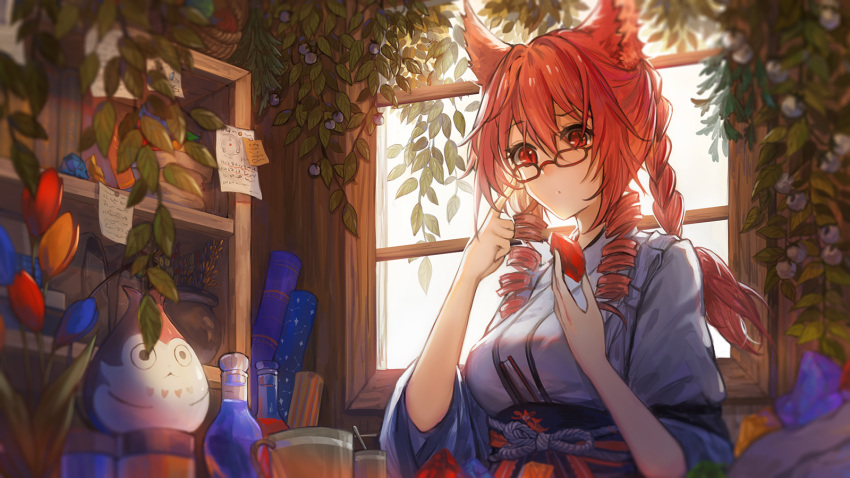 1girl adjusting_eyewear animal_ears backlighting cat_ears drill_hair fan final_fantasy final_fantasy_xiv flower food fruit glasses grapes highres holding indoors japanese_clothes long_hair miqo'te note paper_fan plant potted_plant quad_tails red-framed_eyewear red_eyes red_hair shelf slit_pupils solo sunlight tasuki uchiwa upper_body vetina vines window