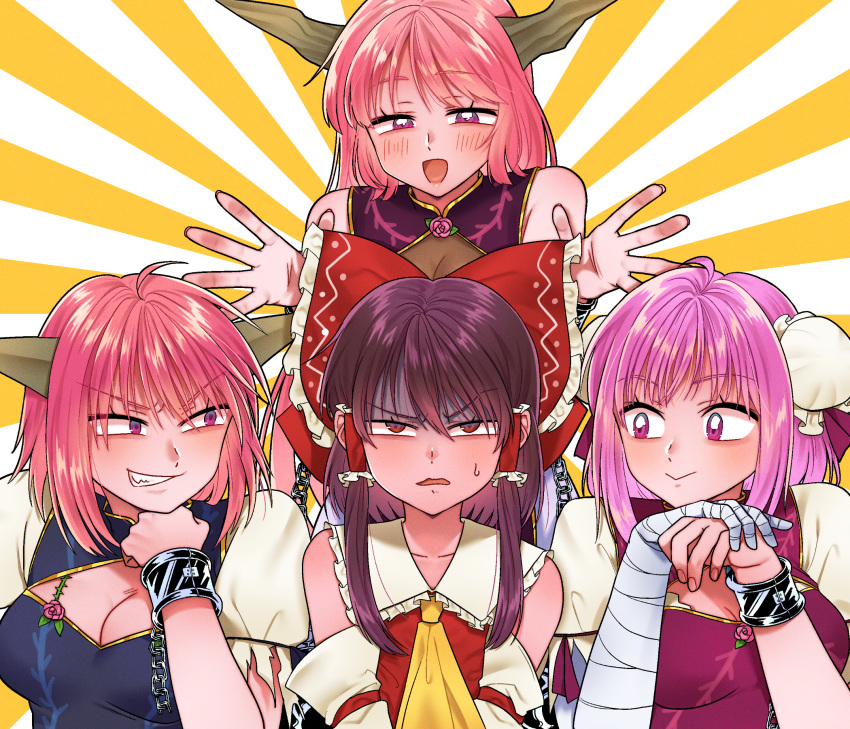 4girls :&gt; :d ahoge arms_up bandaged_arm bandages bangs behind_another black_hair blush breasts chain cleavage cleavage_cutout clothing_cutout commentary_request cravat cuffs double_bun eyebrows_visible_through_hair flower furrowed_eyebrows grimace hair_between_eyes hair_ribbon hair_tubes hakurei_reimu half-closed_eyes hand_on_own_chin hands_together head_on_hand highres horns ibaraki_douji's_arm ibaraki_douji_(touhou) ibaraki_kasen large_breasts long_hair looking_at_another mito_(mo96g) multiple_girls multiple_persona open_mouth pink_flower pink_hair pink_rose puffy_short_sleeves puffy_sleeves purple_eyes purple_hair red_eyes red_vest ribbon rose shackles shaded_face shiny shiny_hair shirt short_hair short_sleeves sidelocks sleeveless smile sneer sunburst sunburst_background sweatdrop tabard touhou upper_body very_long_hair vest white_shirt yellow_neckwear