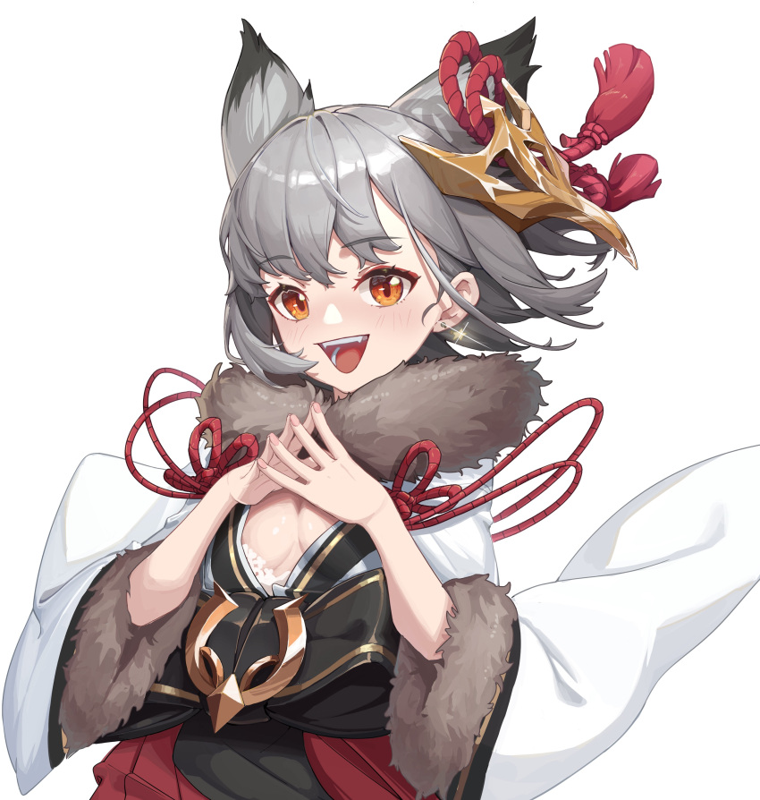 1girl :d absurdres animal_ears azema azur_lane bangs brown_eyes commentary eyebrows_visible_through_hair fangs fur-trimmed_sleeves fur_trim grey_hair highres japanese_clothes kimono long_sleeves looking_at_viewer mask mask_on_head nail_polish pink_nails pleated_skirt red_skirt simple_background skirt smile solo steepled_fingers suzutsuki_(azur_lane) teeth upper_teeth white_background white_kimono wide_sleeves