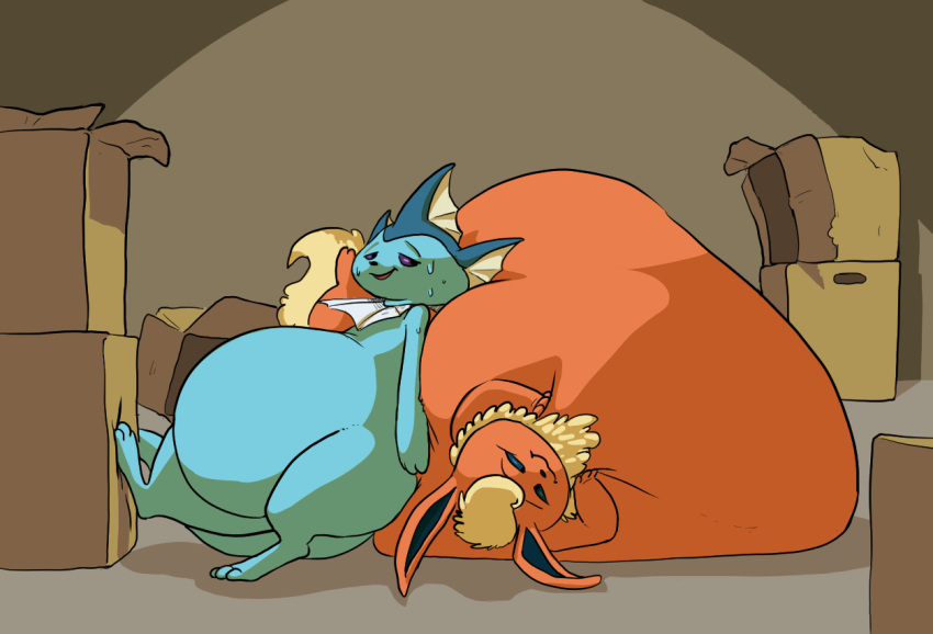 ambiguous_gender belly big_belly big_tail box container duo eeveelution feral flareon hyper hyper_belly morbidly_obese morbidly_obese_ambiguous morbidly_obese_feral nintendo obese obese_ambiguous obese_feral overweight overweight_ambiguous overweight_feral pok&eacute;mon pok&eacute;mon_(species) saphiros stuffing thick_tail thick_thighs vaporeon video_games weight_gain