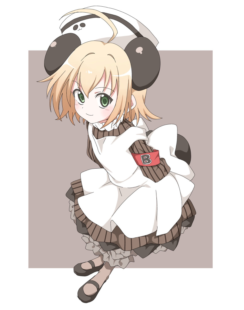 animal_ears antenna_hair black_footwear black_legwear blonde_hair bloomers di_gi_charat dress frills fujiwara_tatsuro full_body green_eyes grey_dress hat highres long_sleeves panda_ears piyoko ribbon shoes short_hair simple_background solo striped striped_dress underwear