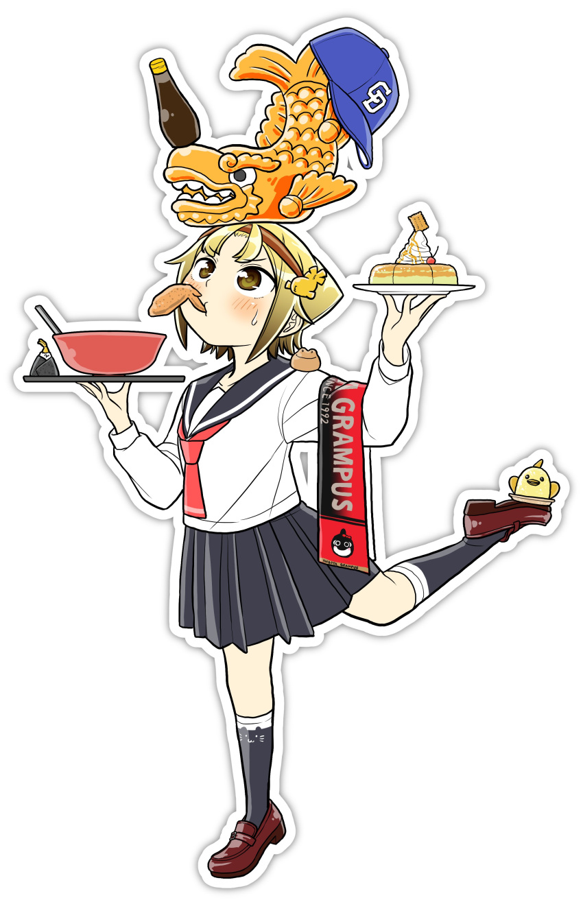 1girl absurdres andou_masaki annotated baseball_cap biscuit_(bread) black_legwear blonde_hair brown_eyes cake chicken_(food) chunichi_dragons commentary cookie daifuku dish eyebrows_visible_through_hair food fried_chicken full_body hair_ornament hairband hat highres holding ice_cream leg_up long_sleeves looking_up mouth_hold nagoya_grampus object_on_head pleated_skirt pun sandwich_cookie scarf school_uniform serafuku shachihoko shoes short_hair shrimp shrimp_tempura skirt socks solo sweatdrop tempura yatogame-chan_kansatsu_nikki yatogame_monaka