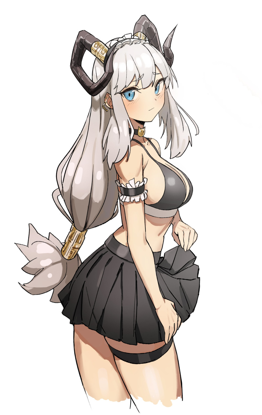 1girl absurdres armband black_choker black_skirt blue_eyes blush borrowed_character choker closed_mouth earrings frilled_armband frills grey_hair highres horns jewelry kiritzuguart lifted_by_self long_hair looking_at_viewer maid_headdress original simple_background skirt solo thigh_strap white_background