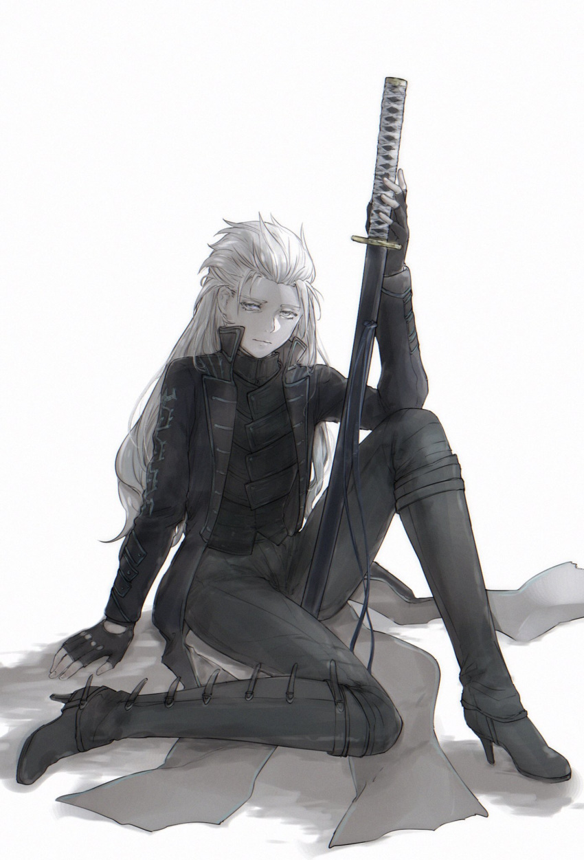 1girl black_coat black_footwear black_gloves boots closed_mouth coat devil_may_cry devil_may_cry_5 fingernails genderswap genderswap_(mtf) gloves hair_slicked_back high_heels highres holding holding_sword holding_weapon katana royalguardlove scabbard sheath sheathed simple_background sitting solo sword turtleneck vergil weapon white_background white_eyes white_hair