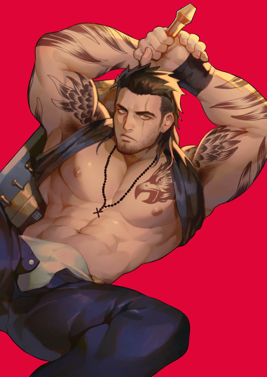 1boy abs absurdres alejandro_tio arm_tattoo bara bare_chest blue_pants briefs brown_hair bulge chest chest_tattoo cover cover_page doujin_cover dynamic_pose facial_hair facial_scar feet_out_of_frame final_fantasy final_fantasy_xv gladiolus_amicitia highres jewelry lifted_by_self male_focus manly medium_hair muscle navel necklace nipples pants red_background scar shirt_lift solo stubble sword sword_behind_back tattoo thick_thighs thighs underwear undressing weapon