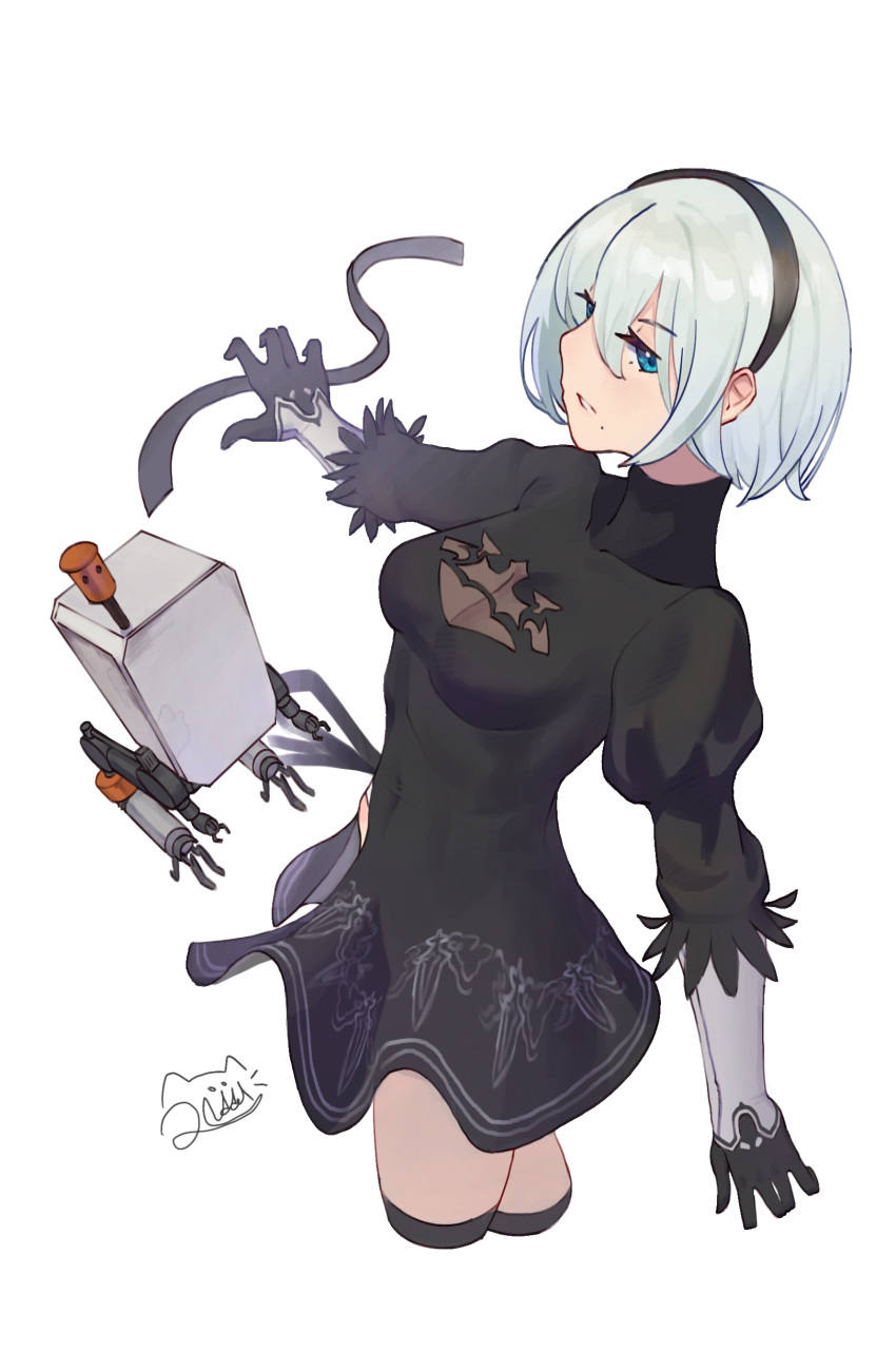 1girl absurdres android black_blindfold black_gloves black_hairband black_legwear blindfold blindfold_removed blue_eyes breasts cleavage collarbone covered_collarbone gloves grey_hair hair_between_eyes hairband highres mole mole_under_mouth nier_(series) nier_automata parted_lips pod_(nier_automata) puffy_sleeves robot see-through shiny shiny_hair short_hair signature simple_background thighhighs turtleneck white_background yorha_no._2_type_b ziddol