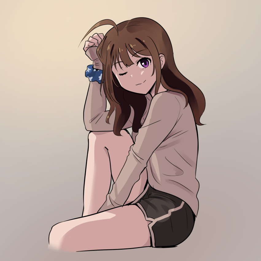 1girl ahoge alternate_hairstyle backpack bag bangs black_shorts blue_scrunchie brown_hair closed_mouth commentary cropped_legs dolphin_shorts elbow_on_knee eyebrows_visible_through_hair from_side grey_background grey_shirt hair_down highres idolmaster idolmaster_million_live! kamille_(vcx68) knee_up long_hair long_sleeves looking_at_viewer one_eye_closed purple_eyes scrunchie scrunchie_removed shirt short_shorts shorts sitting smile solo star_(symbol) star_print wrist_scrunchie yokoyama_nao
