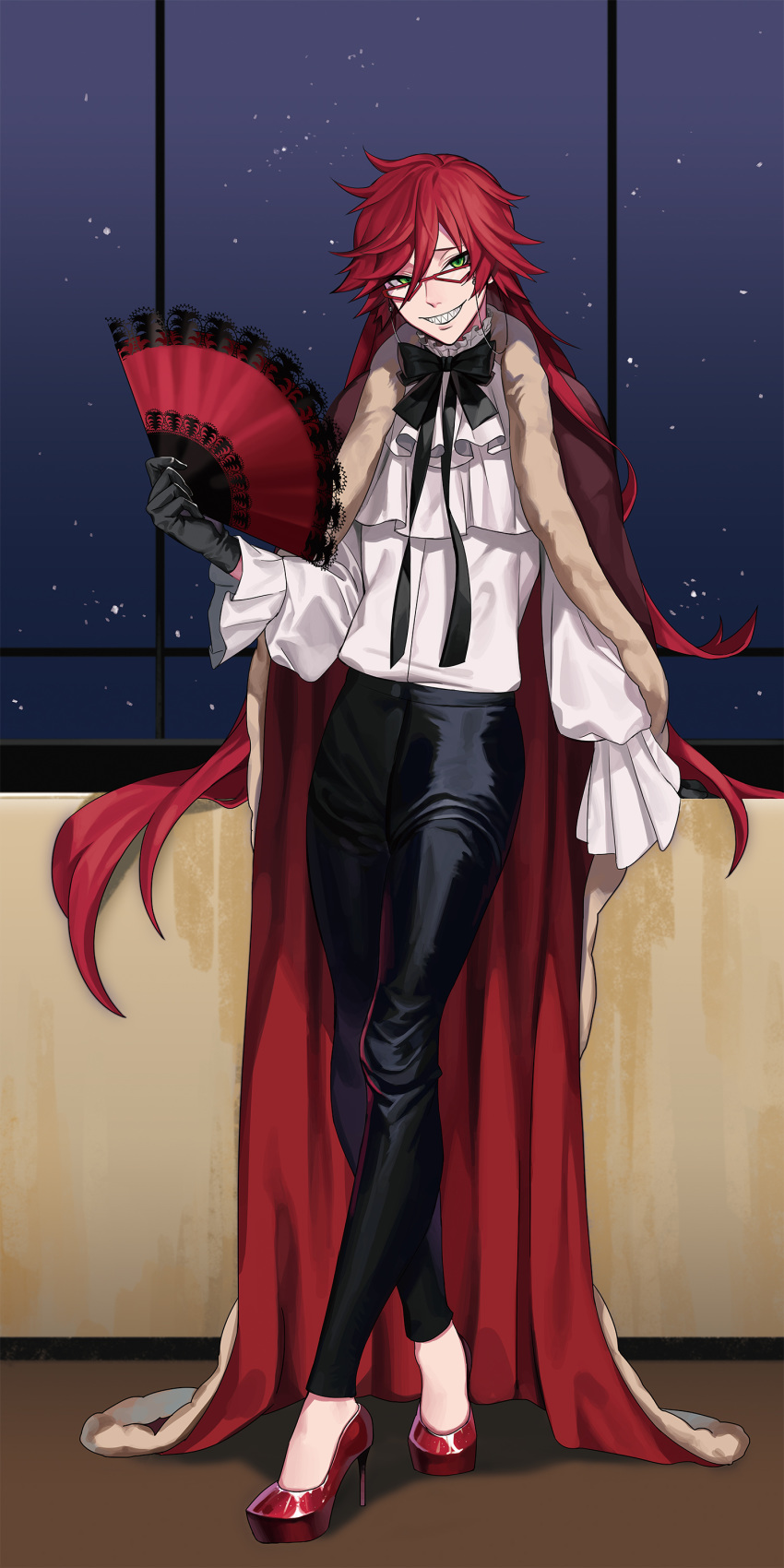 absurdres alternate_costume black_gloves black_neckwear black_pants black_ribbon cloak crossed_legs eyewear_strap fan folding_fan formal full_body glasses gloves green_eyes grell_sutcliff hair_between_eyes high_heels highres indoors kuroshitsuji long_hair long_sleeves looking_at_viewer messy_hair moona_59 neck_ribbon night night_sky pants red-framed_eyewear red_footwear red_hair ribbon sharp_teeth shirt shirt_tucked_in shoes sky smile solo star_(sky) starry_sky teeth watson_cross white_shirt wide_sleeves window