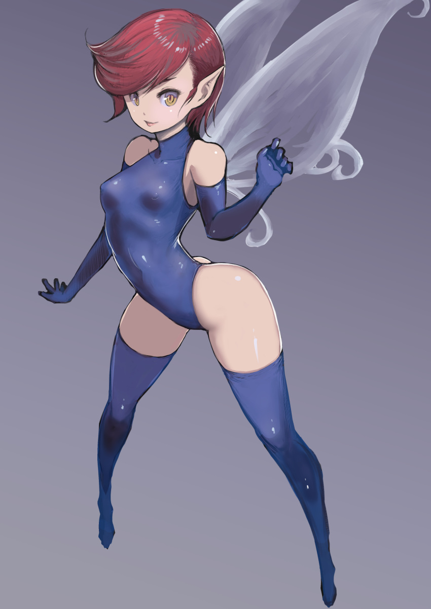 1girl bare_shoulders blue_gloves blue_legwear blue_leotard closed_mouth covered_navel covered_nipples elbow_gloves fairy fairy_wings gloves gradient gradient_background hand_up highleg highleg_leotard highres johan_(johan13) legs_apart leotard looking_at_viewer pixie_(megami_tensei) pointy_ears red_hair shin_megami_tensei short_hair smile solo thighhighs thighs wings yellow_eyes