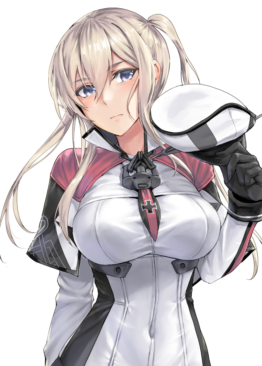 1girl black_gloves blonde_hair blush breasts capelet closed_mouth eyebrows_visible_through_hair gloves graf_zeppelin_(kantai_collection) hair_between_eyes hat highres holding holding_clothes holding_hat kantai_collection kokuzou large_breasts long_hair long_sleeves military military_uniform peaked_cap purple_eyes simple_background solo uniform upper_body white_background