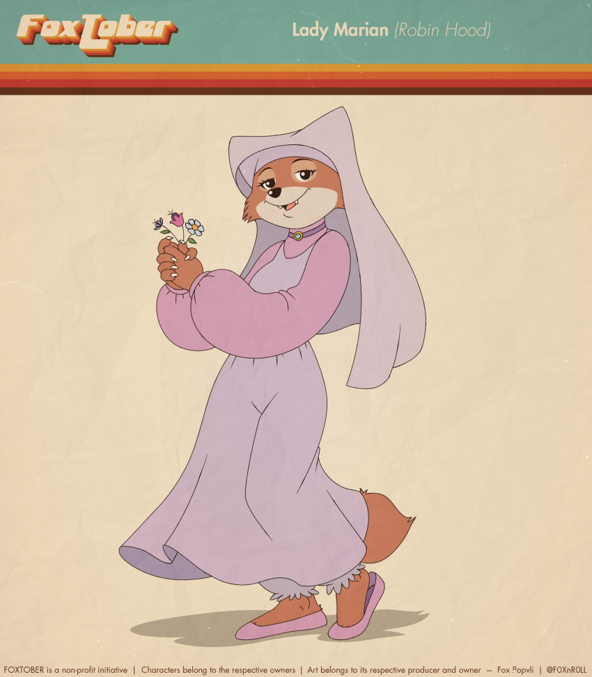 2020 absurd_res anthro canid canine choker clothed clothing countershade_face countershading disney dress english_text female flower fox fox-pop fur headdress hi_res holding_flower holding_object jewelry looking_at_viewer maid_marian mammal multicolored_body multicolored_fur necklace open_mouth plant red_body red_fur robin_hood_(disney) smile solo teeth text two_tone_body two_tone_fur white_body white_fur