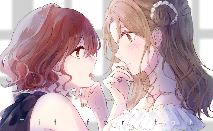 2girls bare_shoulders black_dress blush bracelet brown_eyes brown_hair close-up commentary dress face-to-face green_nails hair_bun hair_ribbon highres higuchi_madoka ichikawa_hinana idolmaster idolmaster_shiny_colors jewelry kumano09_(yaecha0) long_hair multiple_girls nail_polish off_shoulder red_eyes red_hair ribbon short_hair side_bun tongue tongue_out white_dress