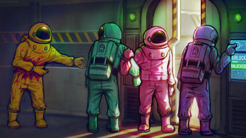 4others among_us arm_grab astronaut blood blood_stain crewmate_(among_us) faceless gesture highres impostor_(among_us) multiple_others neytirix signature space_helmet spacesuit tablet_pc