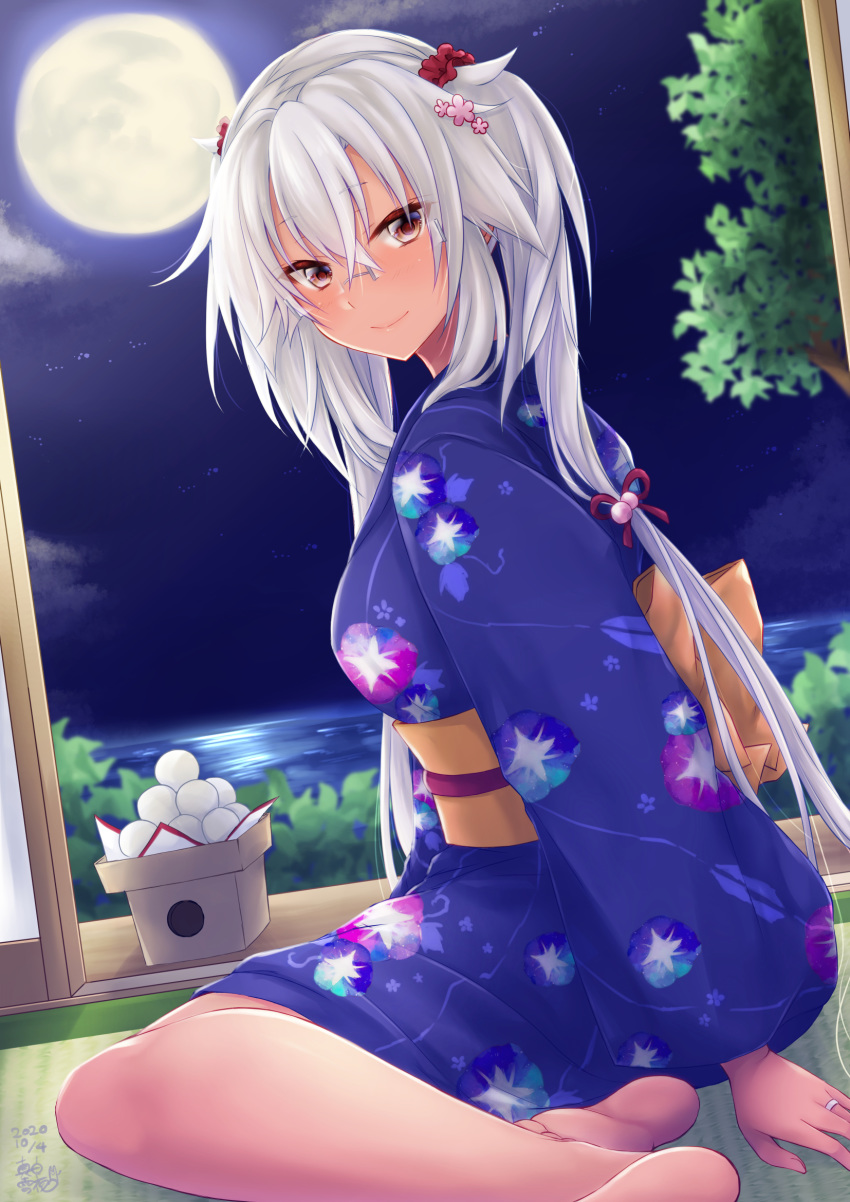 0yukiya0 1girl barefoot blush breasts brown_eyes dark_skin dutch_angle floral_print glasses graphite_(medium) hair_between_eyes highres japanese_clothes jewelry kantai_collection kimono large_breasts long_hair looking_at_viewer millipen_(medium) moon musashi_(kantai_collection) night obi ring sash solo traditional_media twintails wedding_band