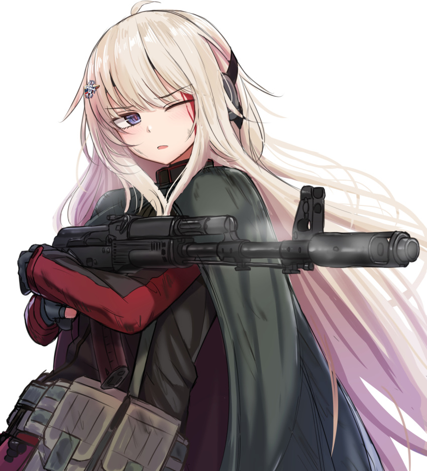 1girl ak-74m ak-74m_(girls_frontline)_(rabochicken) belt_pouch black_gloves blonde_hair blood blood_on_face blue_eyes camouflage_cloak cape cloak crossed_arms ear_protection eyebrows_visible_through_hair girls_frontline gloves hair_ornament headphones highres holding holding_weapon long_hair looking_away one_eye_closed open_mouth original partly_fingerless_gloves pouch russian_flag smoke snowflake_hair_ornament solo weapon white_background yakob_labo