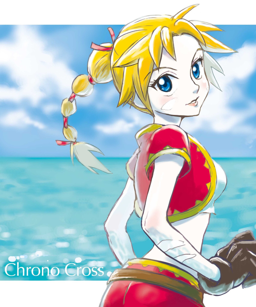 1girl bandages blonde_hair blue_eyes breasts chrono_cross facial_mark gloves high_ponytail highres kid_(chrono_cross) long_hair looking_at_viewer marimo_ill marimoriah midriff multi-tied_hair ponytail skirt solo vest