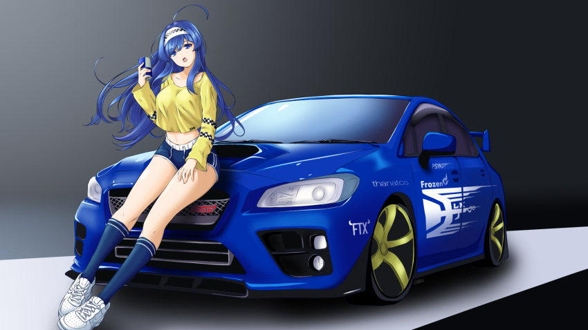 1girl ahoge bangs blue_legwear blue_shorts breasts can car chaesu checkered crop_top eyebrows_visible_through_hair full_body ground_vehicle hairband highres huge_ahoge kneehighs long_legs long_sleeves medium_breasts midriff motor_vehicle navel nike on_vehicle open_mouth orie_(under_night_in-birth) race_queen red_bull shoes short_shorts shorts sitting sneakers soda_can solo subaru_(brand) subaru_wrx under_night_in-birth white_footwear white_hairband