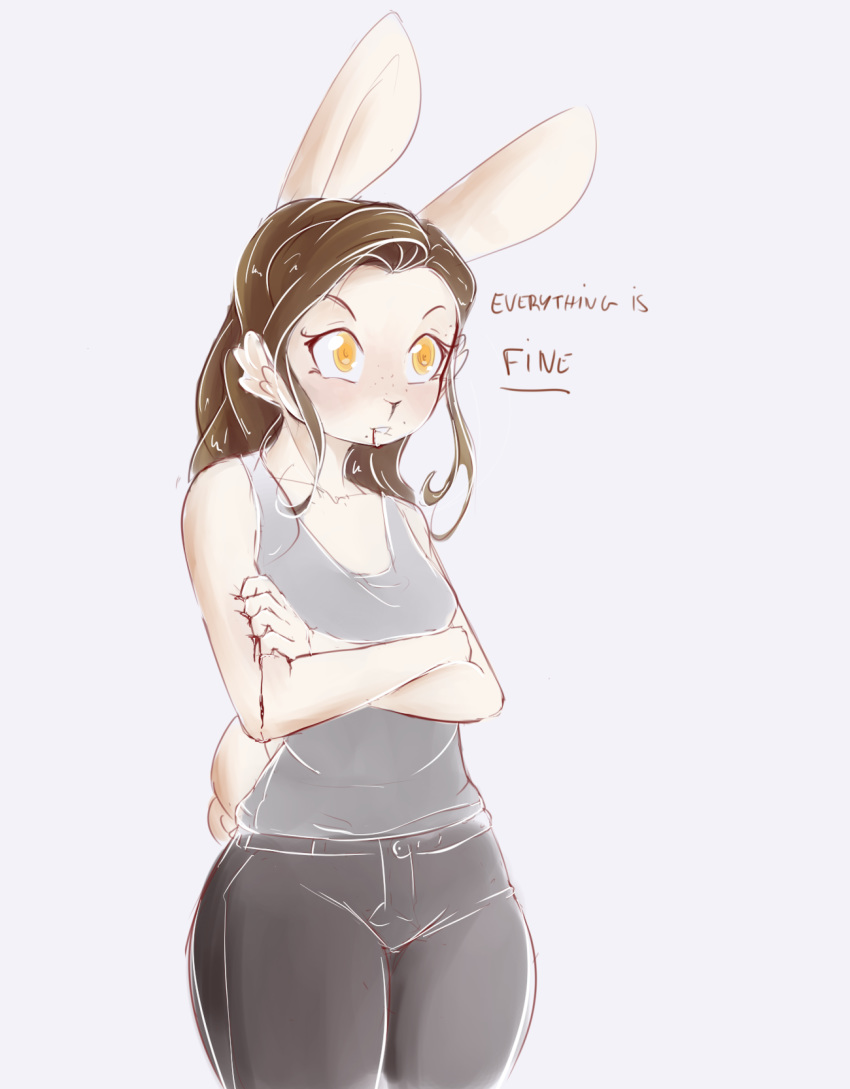 2020 alasou anthro bite biting_lip biting_own_lip blood bodily_fluids breasts brown_hair clothed clothing crossed_arms digital_media_(artwork) female hair hi_res lagomorph leporid mammal rabbit self_bite shirt simple_background solo standing tank_top tense topwear white_background yellow_eyes