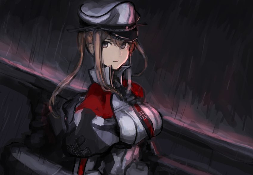 1girl bangs blonde_hair breasts capelet celtic_knot closed_mouth graf_zeppelin_(kantai_collection) hair_between_eyes hat highres iron_cross kantai_collection large_breasts long_hair long_sleeves military military_uniform moor peaked_cap rain rigging sidelocks solo twintails uniform upper_body