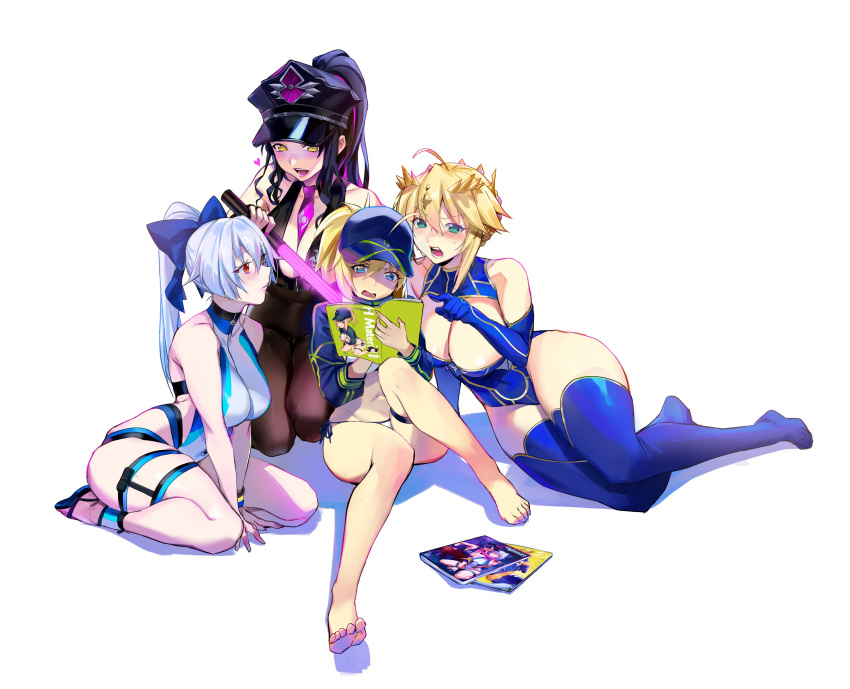 4girls absurdres ahoge artoria_pendragon_(all) artoria_pendragon_(lancer) bangs bare_shoulders baseball_cap bikini black_bikini black_bodysuit black_hair blonde_hair blue_bow blue_eyes blue_headwear blue_swimsuit blush bodysuit bow braid breasts cleavage crown fate/grand_order fate_(series) gloves green_eyes hair_between_eyes hair_bow hair_through_headwear hat highleg highleg_swimsuit highres imp_(sksalfl132) jacket large_breasts long_hair multicolored_hair multiple_girls mysterious_heroine_xx_(foreigner) navel one-piece_swimsuit peaked_cap pink_hair ponytail red_eyes sesshouin_kiara sesshouin_kiara_(swimsuit_mooncancer)_(fate) shrug_(clothing) side-tie_bikini sidelocks silver_hair smile streaked_hair swept_bangs swimsuit thigh_strap thighhighs thighs tomoe_gozen_(fate/grand_order) tomoe_gozen_(swimsuit_saber)_(fate) two-tone_swimsuit very_long_hair white_bikini white_swimsuit yellow_eyes