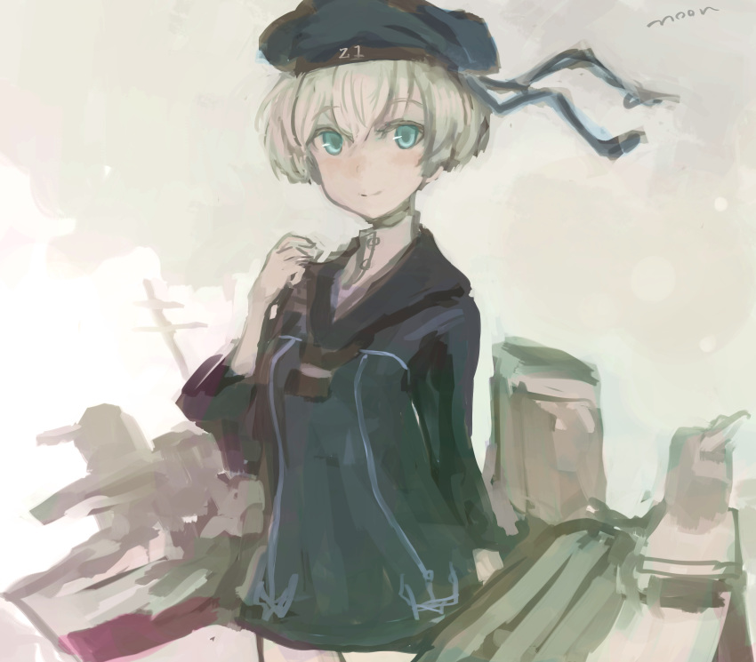 1girl aqua_eyes bangs blue_dress blue_sailor_collar clothes_writing dress eyebrows_visible_through_hair grey_background hat highres kantai_collection long_sleeves moor sailor_collar sailor_dress sailor_hat short_hair signature silver_hair simple_background smile solo z1_leberecht_maass_(kantai_collection)